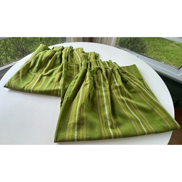 Vintage 70s curtains, avocado green vertical stripes, pair pleated panels - Picture 1 of 10